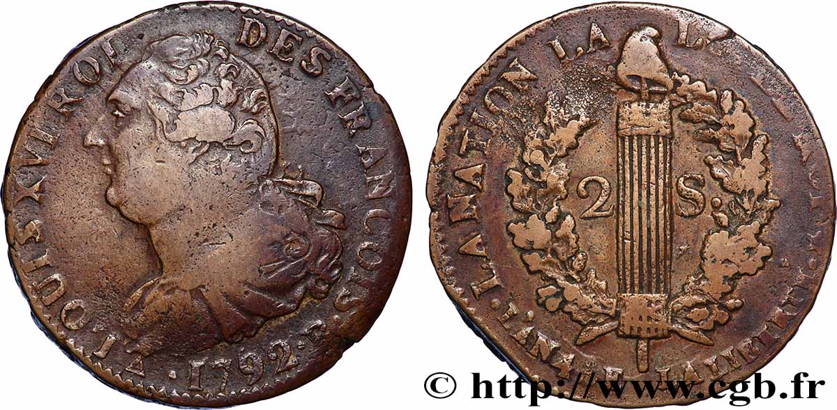 LOUIS XVI 2 sols dit &nbsp;au faisceau&nbsp;, type FRANCOIS 1792 Orléans VF