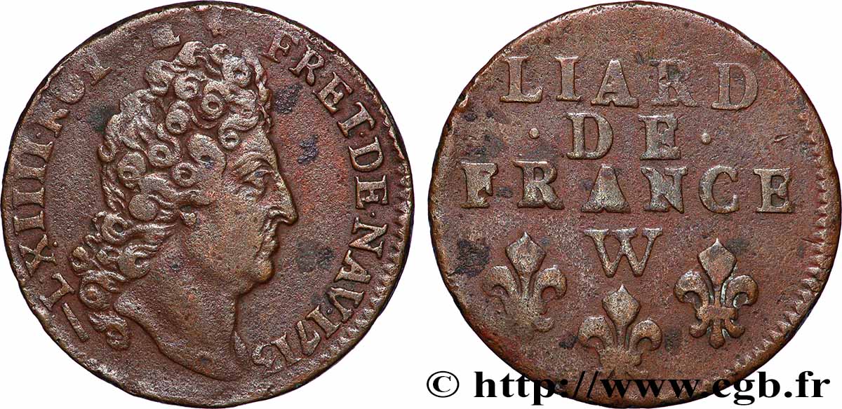 LOUIS XIV LE GRAND OU LE ROI SOLEIL Liard de France au buste nu 1713 Lille TB+/TTB