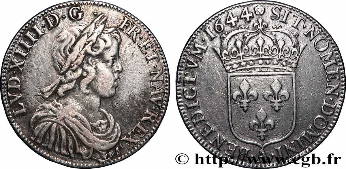 LOUIS XIV LE GRAND OU LE ROI SOLEIL Demi-écu, portrait à la mèche courte 1644 Paris, Monnaie de Matignon TTB/TTB+