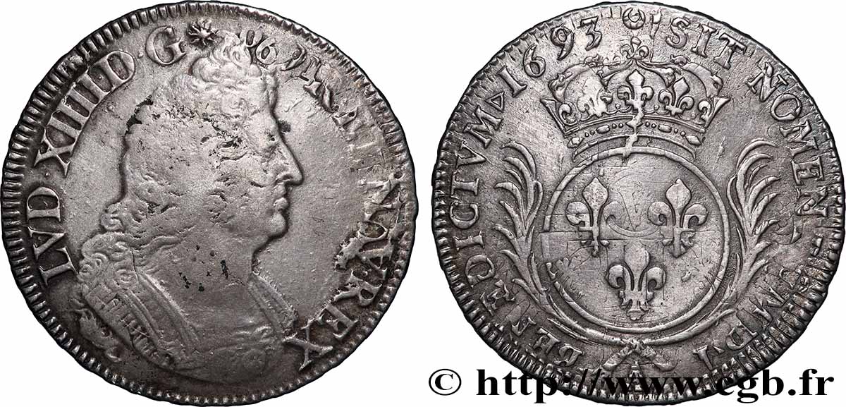 LOUIS XIV LE GRAND OU LE ROI SOLEIL Écu aux palmes 1693 Paris TB/TTB