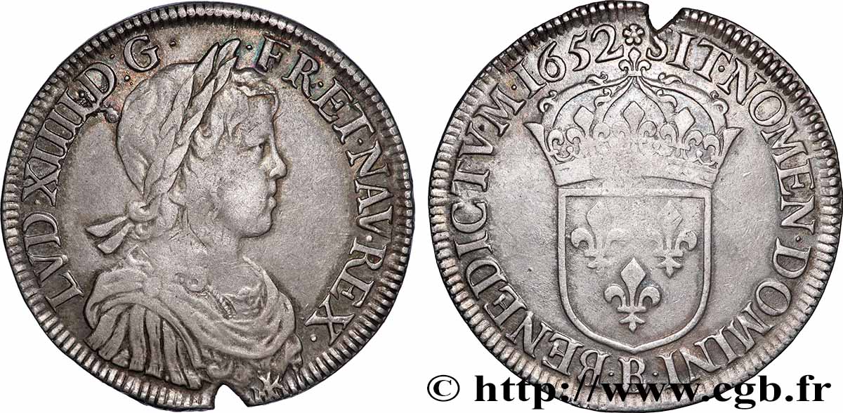 LOUIS XIV LE GRAND OU LE ROI SOLEIL Écu, portrait à la mèche longue 1652 Rouen TB+