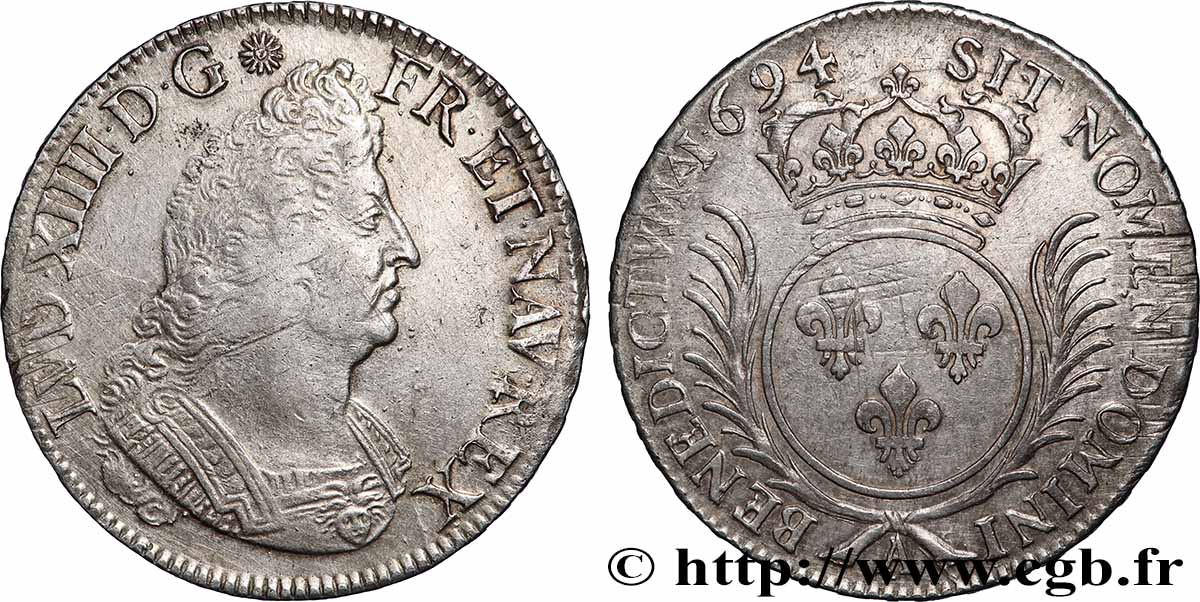LOUIS XIV LE GRAND OU LE ROI SOLEIL Écu aux palmes 1694 Paris TTB/TTB+