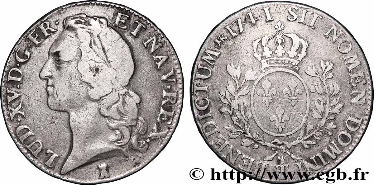 LOUIS XV DIT LE BIEN AIMÉ Écu aux branches d’olivier, tête ceinte d’un bandeau 1741 Nantes TB+/TTB