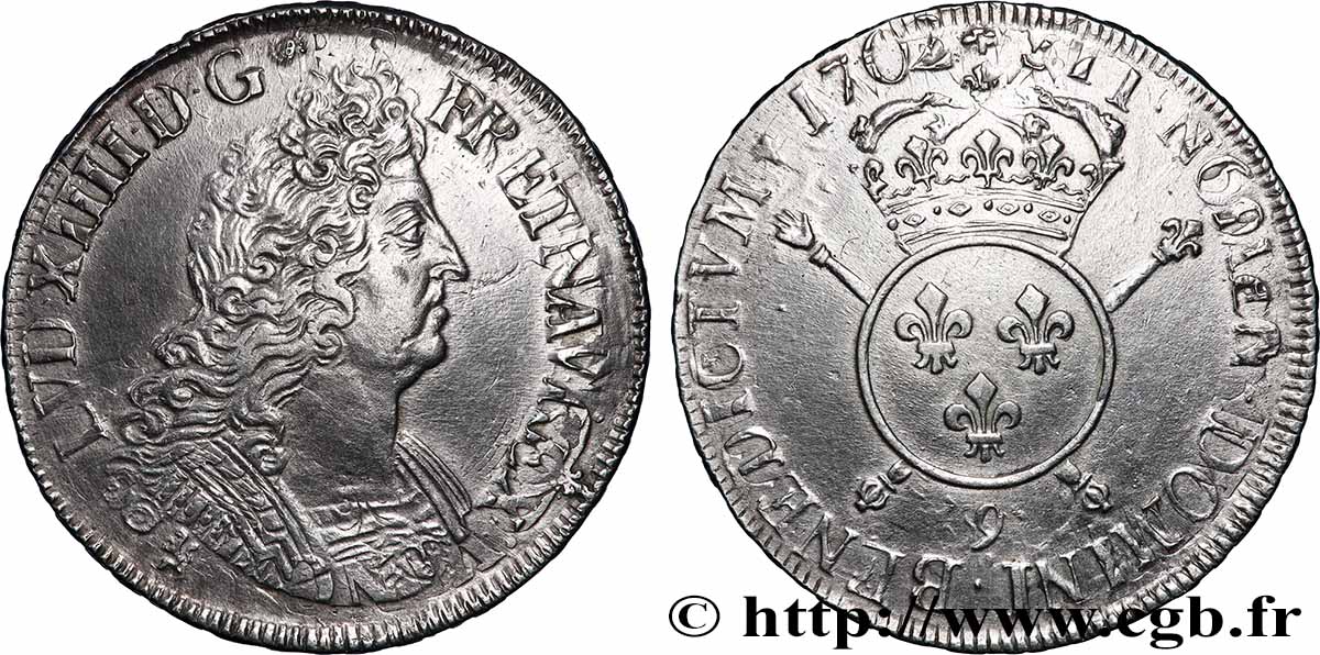 LOUIS XIV LE GRAND OU LE ROI SOLEIL Écu aux insignes 1702 Rennes TTB+