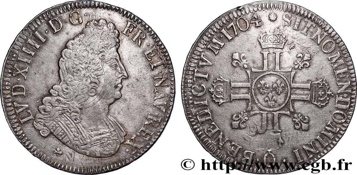 LOUIS XIV &nbsp;THE SUN KING&nbsp; Écu aux huit L, 2e type 1704 Riom AU/AU