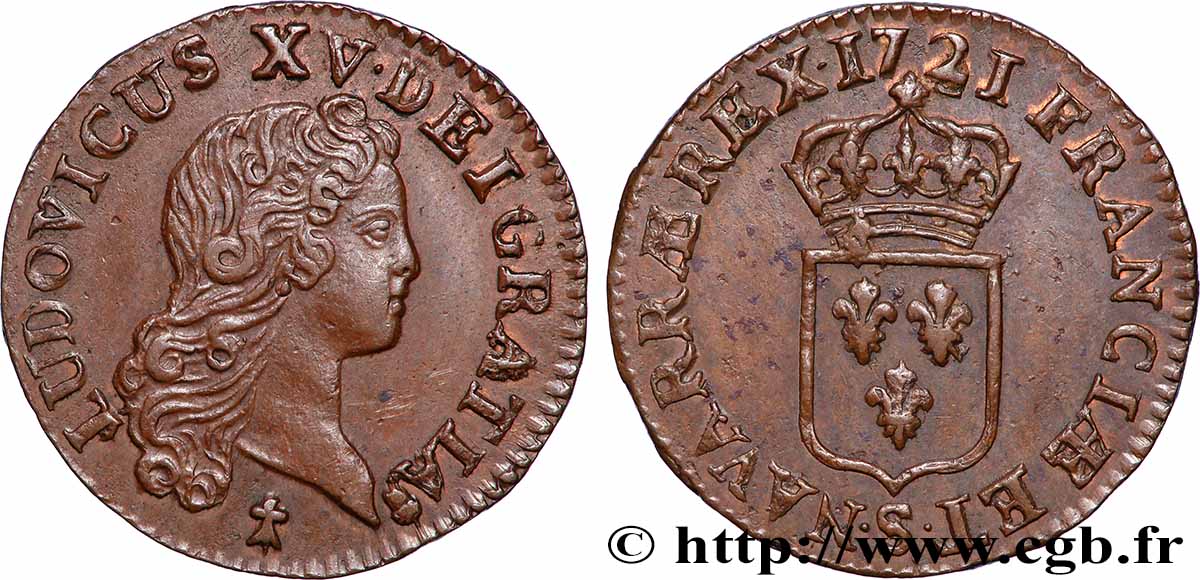 LOUIS XV &nbsp;THE WELL-BELOVED&nbsp; Liard au buste enfantin 1721 Reims AU