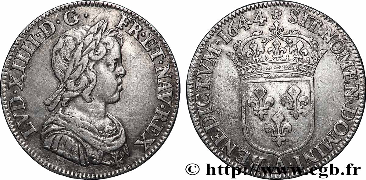 LOUIS XIV LE GRAND OU LE ROI SOLEIL Quart d&nbsp;écu, portrait à la mèche courte 1644 Paris, Monnaie de Matignon TTB+/SUP