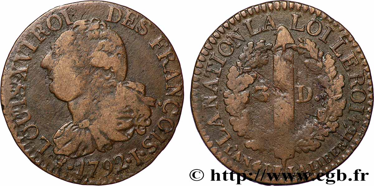 LOUIS XVI (MONARQUE CONSTITUTIONNEL)  3 deniers dit &nbsp;au faisceau&nbsp;, type FRANÇOIS 1792 Limoges TB+