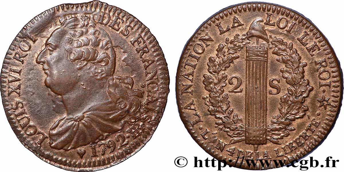 LOUIS XVI 2 sols dit &nbsp;au faisceau&nbsp;, type FRANÇAIS 1792 Strasbourg MS