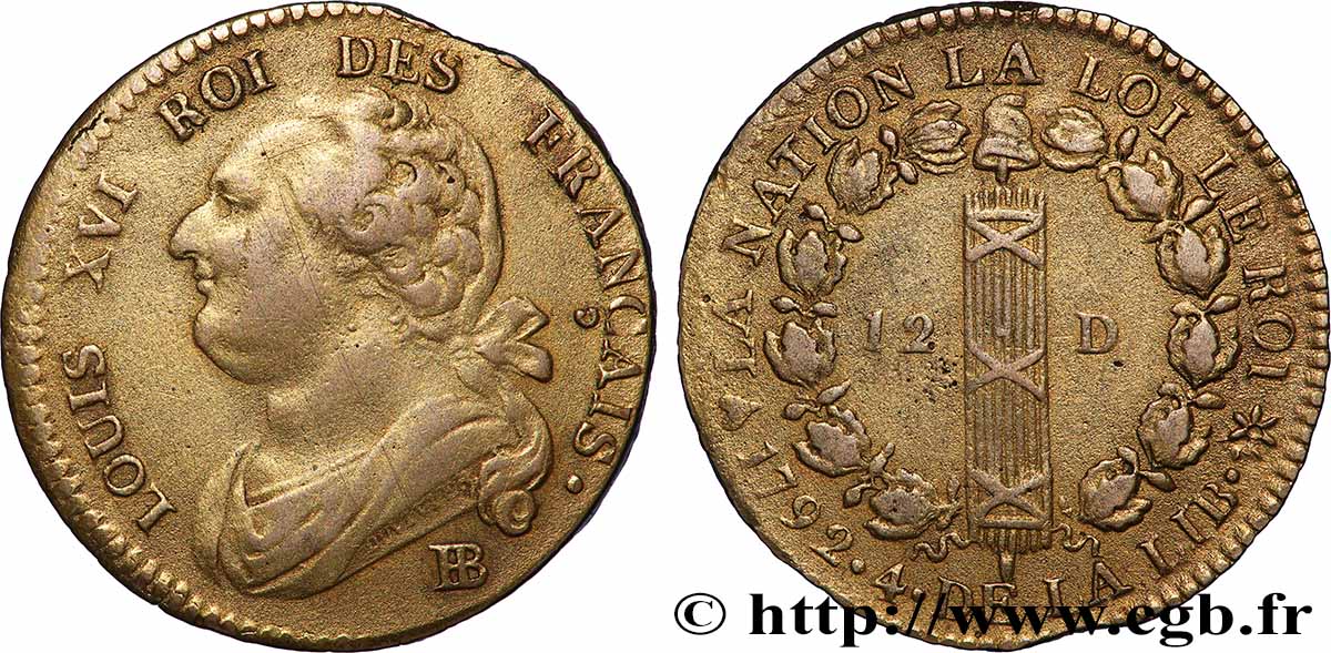 LOUIS XVI (MONARQUE CONSTITUTIONNEL)  12 deniers dit &nbsp;au faisceau&nbsp;, type FRANÇAIS 1792 Strasbourg TTB+