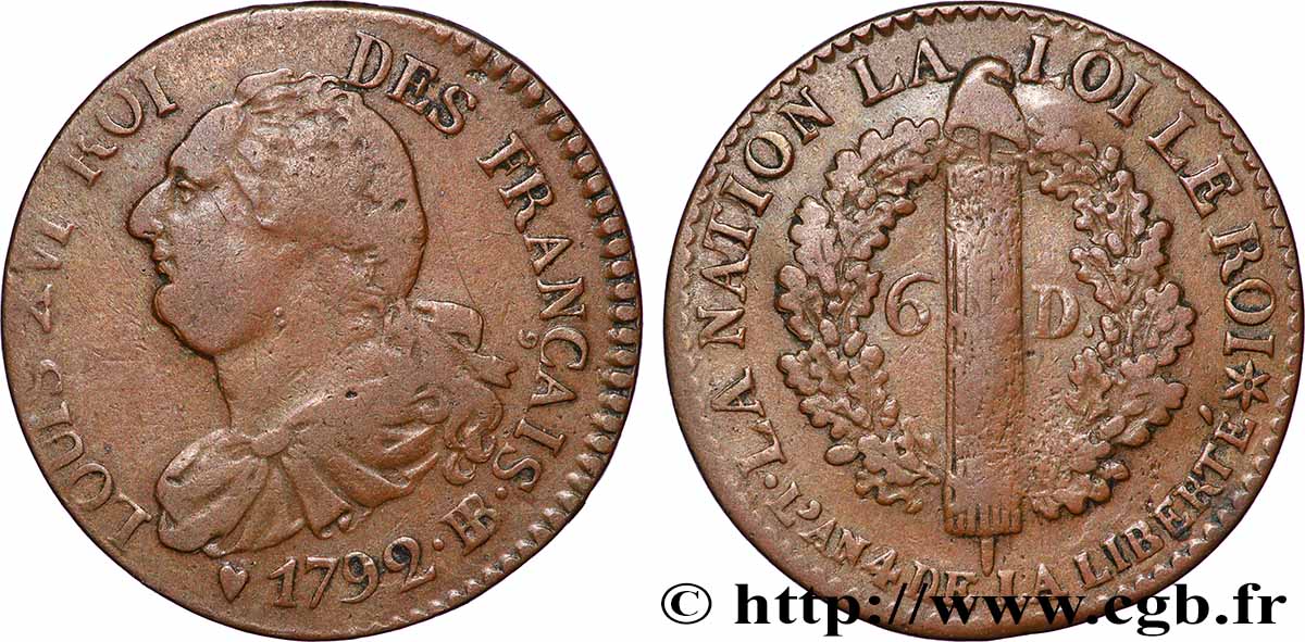 LOUIS XVI (MONARQUE CONSTITUTIONNEL)  6 deniers dit &nbsp;au faisceau&nbsp;, type FRANÇAIS 1792 Strasbourg TB+