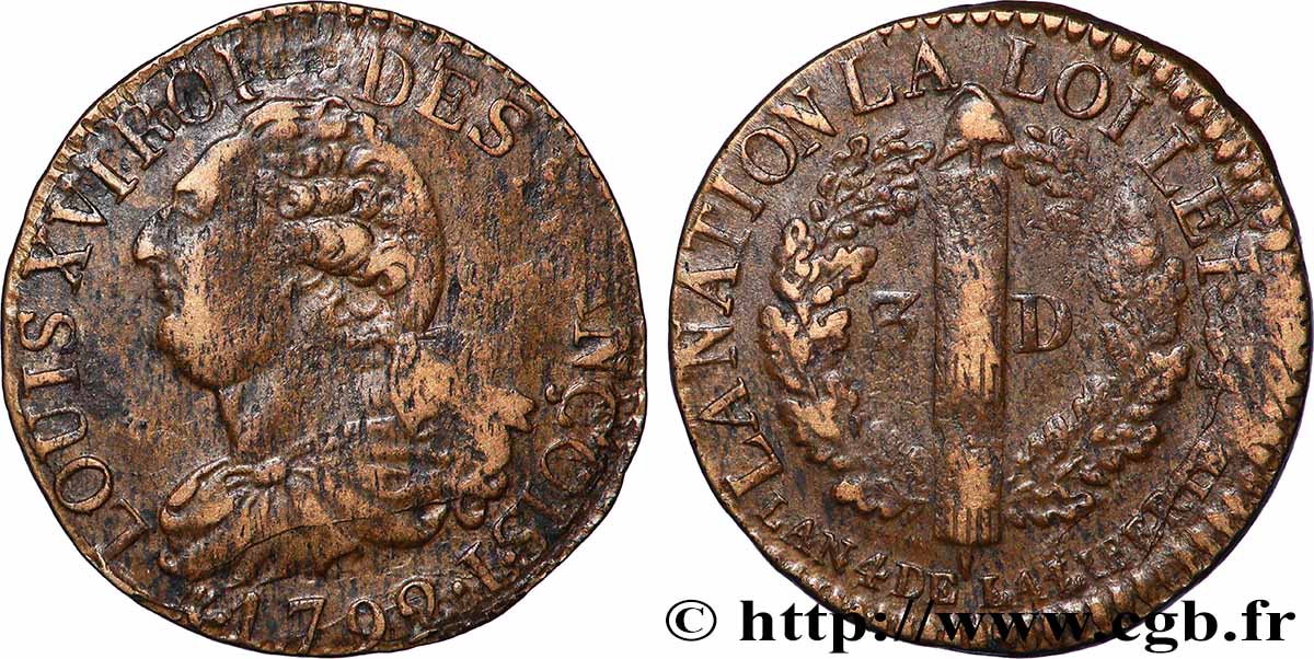 LOUIS XVI (MONARQUE CONSTITUTIONNEL)  3 deniers dit &nbsp;au faisceau&nbsp;, type FRANÇOIS 1792 Limoges TTB/TB+
