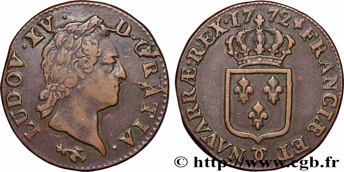 LOUIS XV DIT LE BIEN AIMÉ Sol dit &nbsp;à la vieille tête&nbsp; 1772 Besançon TTB+