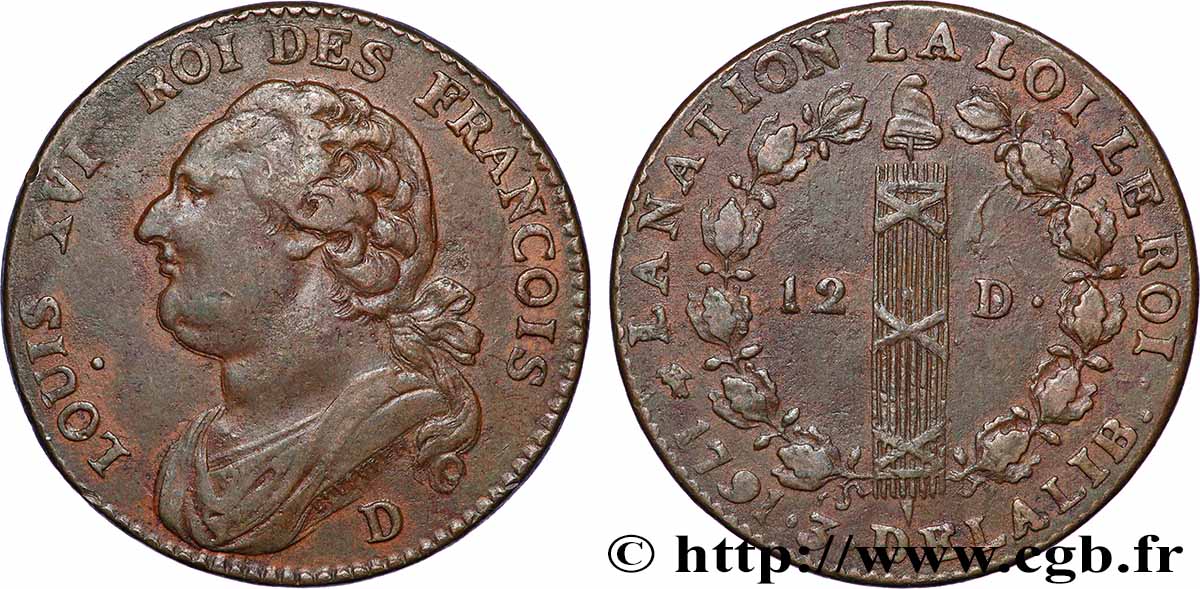 LOUIS XVI (MONARQUE CONSTITUTIONNEL)  12 deniers dit &nbsp;au faisceau&nbsp;, type FRANCOIS 1791 Lyon TTB+
