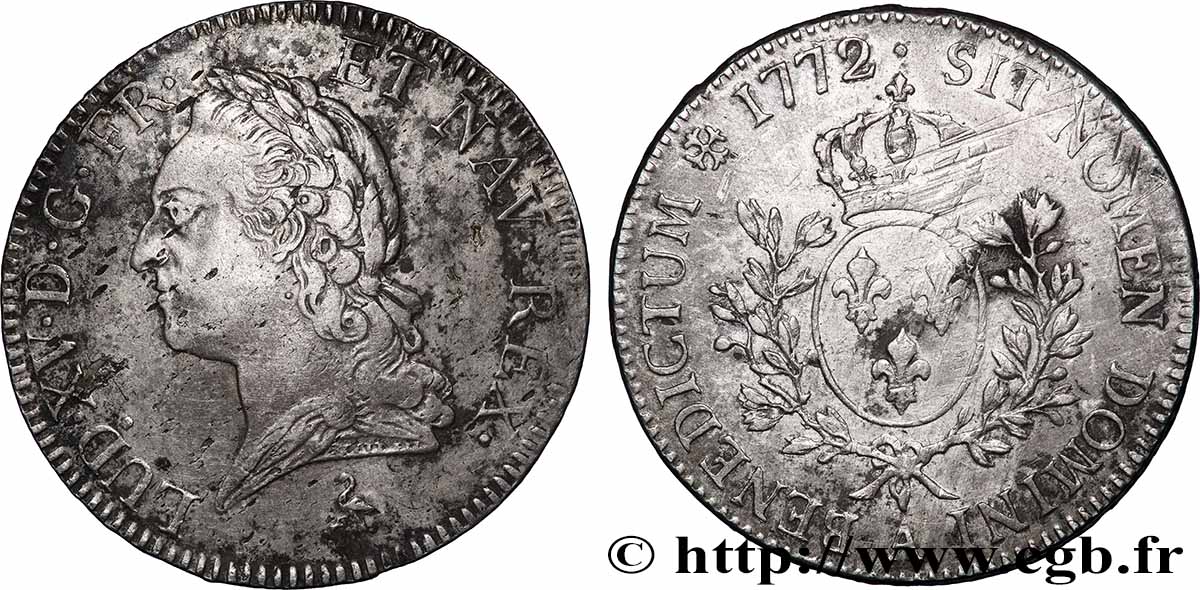 LOUIS XV DIT LE BIEN AIMÉ Écu aux branches d’olivier, buste lauré 1772 Paris TB+/TTB