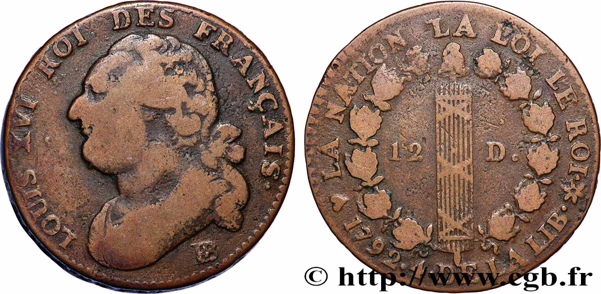 LOUIS XVI (MONARQUE CONSTITUTIONNEL)  12 deniers dit &nbsp;au faisceau&nbsp;, type FRANÇAIS 1792 Strasbourg TB+