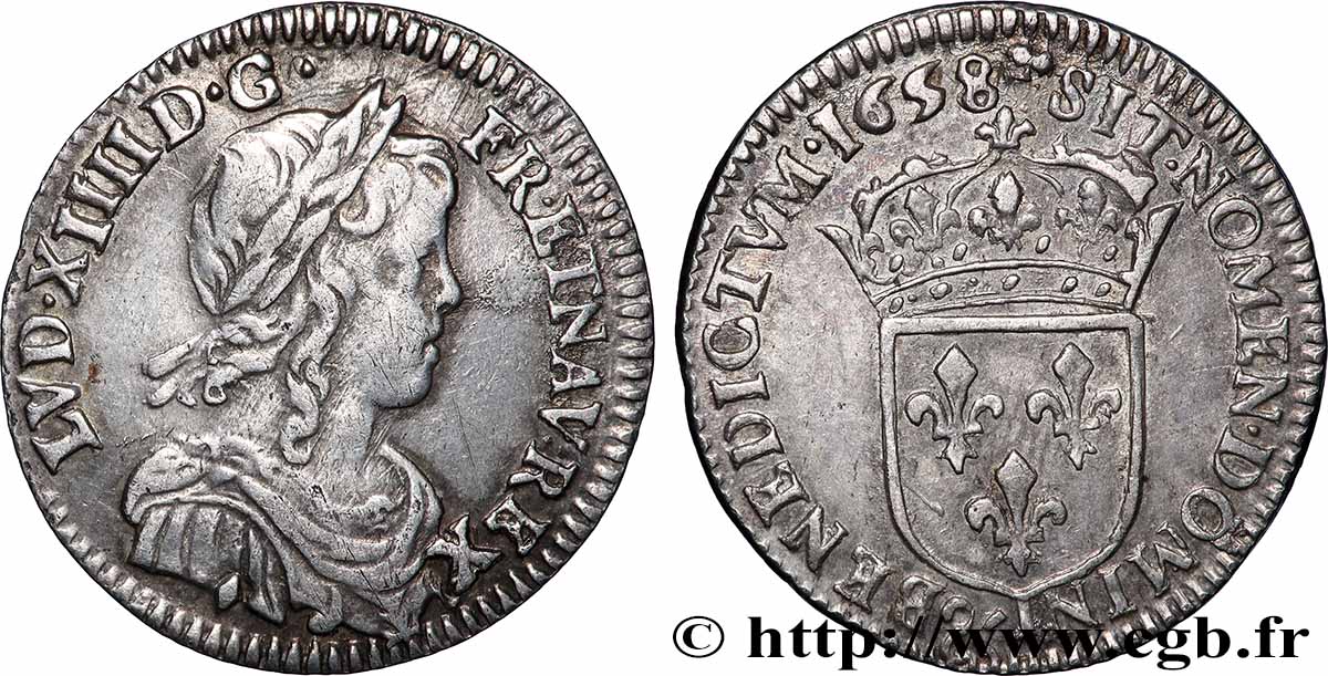 LOUIS XIV LE GRAND OU LE ROI SOLEIL Douzième d&nbsp;écu, portrait à la mèche longue 1658 Aix-en-Provence TTB