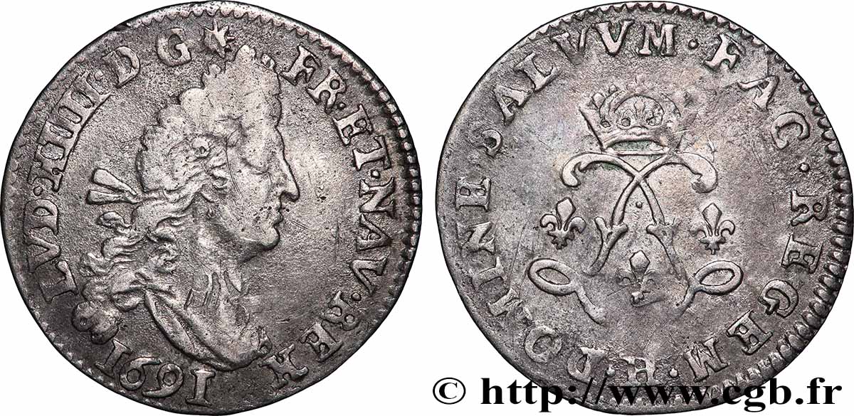 LOUIS XIV &nbsp;THE SUN KING&nbsp; Quatre sols aux deux L 1691 La Rochelle SS