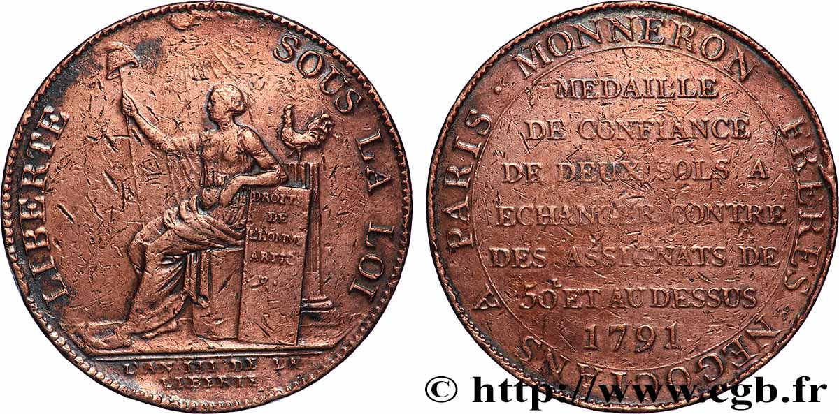 REVOLUTION COINAGE Monneron de 2 sols à la Liberté 1792 Birmingham, Soho XF