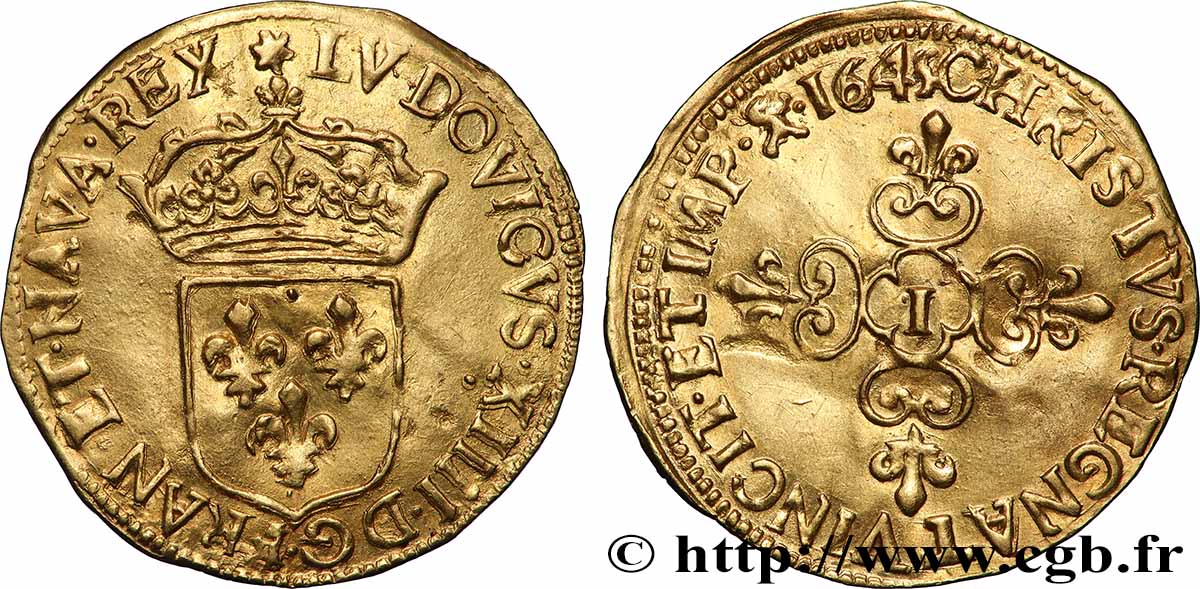 LOUIS XIV &nbsp;THE SUN KING&nbsp; Écu d&nbsp;or au soleil, à la croix anillée fleurdelisée 1645 Limoges fVZ/VZ