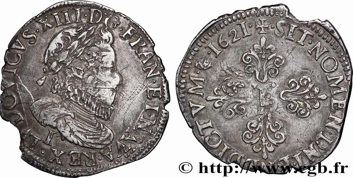 LOUIS XIII  Demi-franc à la tête laurée et au col fraisé 1621 Limoges fSS/SS