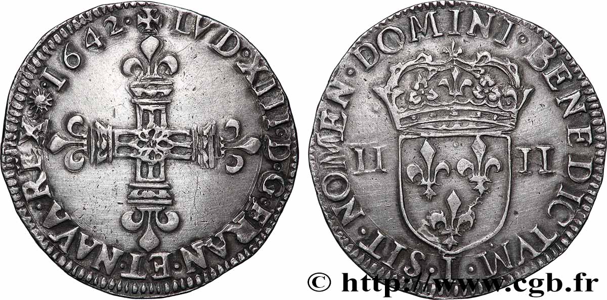 LOUIS XIII  Quart d&nbsp;écu, à la croix fleurdelisée, titulature côté croix 1642 Limoges VZ