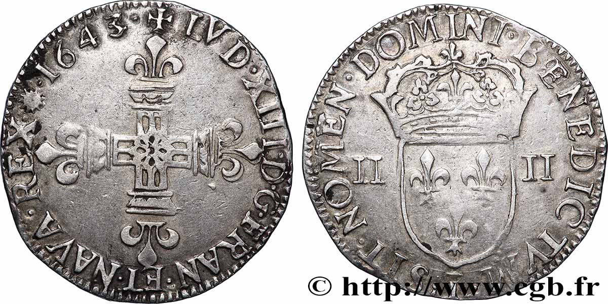 LOUIS XIII  Quart d&nbsp;écu, à la croix fleurdelisée, titulature côté croix 1643 Limoges AU