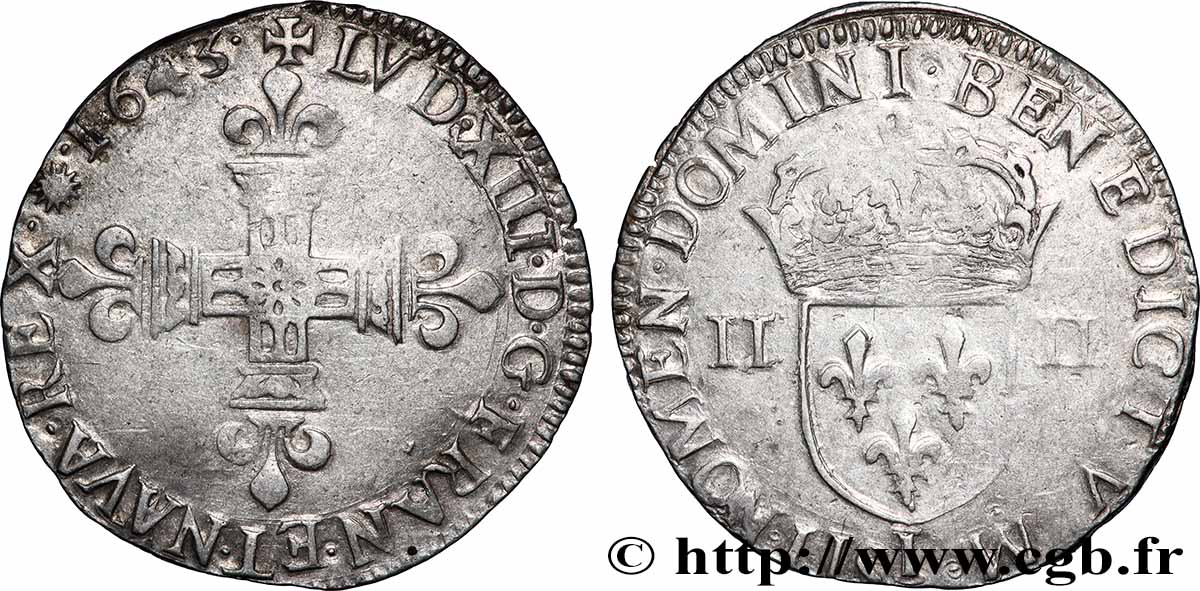 LOUIS XIII Quart d&nbsp;écu, à la croix fleurdelisée, titulature côté croix 1643 Limoges XF