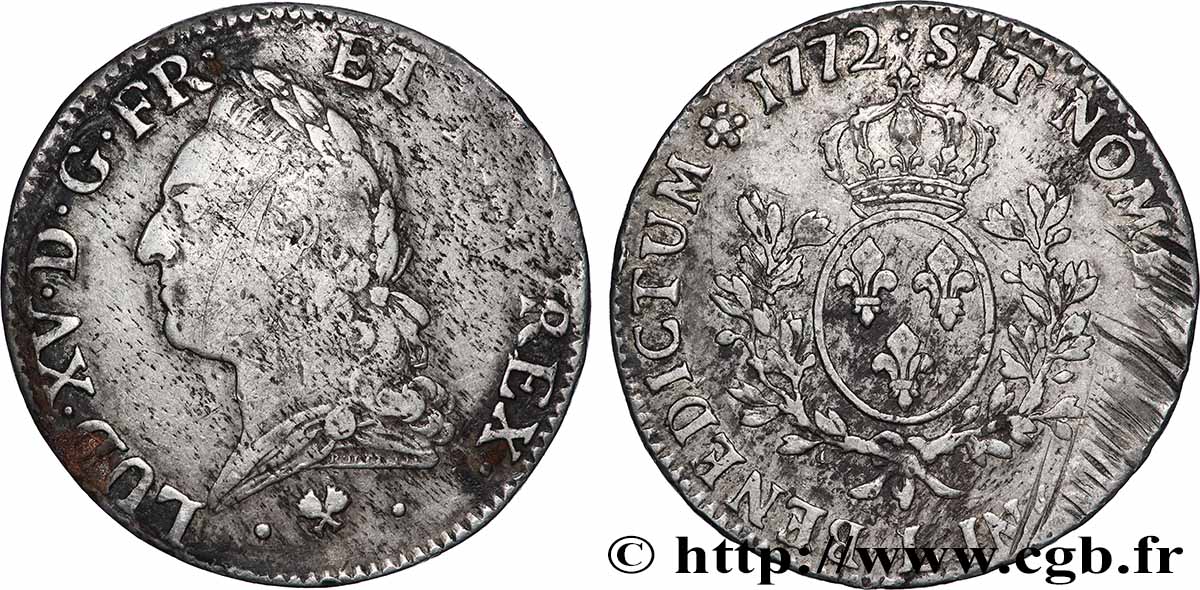 LOUIS XV DIT LE BIEN AIMÉ Écu aux branches d’olivier, buste lauré 1772 Bayonne TB+/TTB