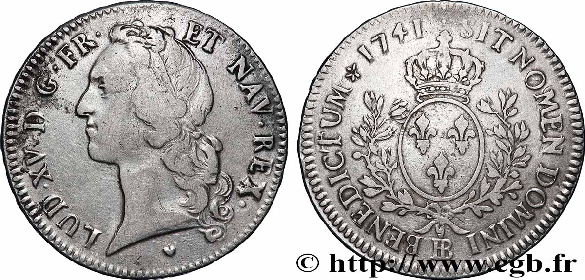 LOUIS XV DIT LE BIEN AIMÉ Écu aux branches d’olivier, tête ceinte d’un bandeau 1741 Strasbourg TB+