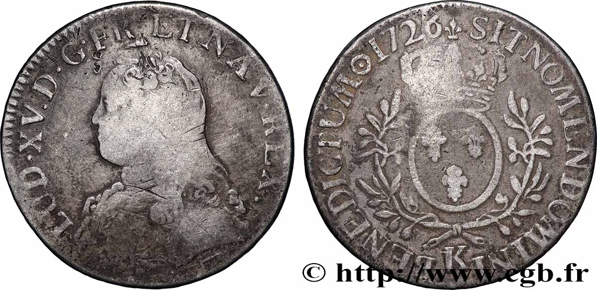 LOUIS XV DIT LE BIEN AIMÉ Écu aux branches d&nbsp;olivier, buste habillé 1726 Bordeaux B+/TB