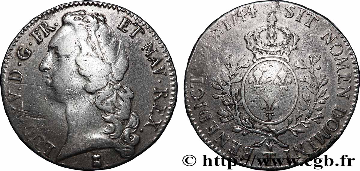 LOUIS XV &nbsp;THE WELL-BELOVED&nbsp; Écu aux branches d’olivier, tête ceinte d’un bandeau 1744 Nantes VF