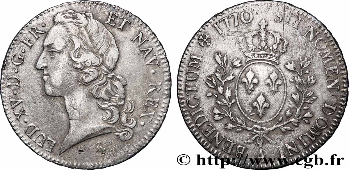 LOUIS XV DIT LE BIEN AIMÉ Écu aux branches d’olivier, tête ceinte d’un bandeau 1770 Paris TTB