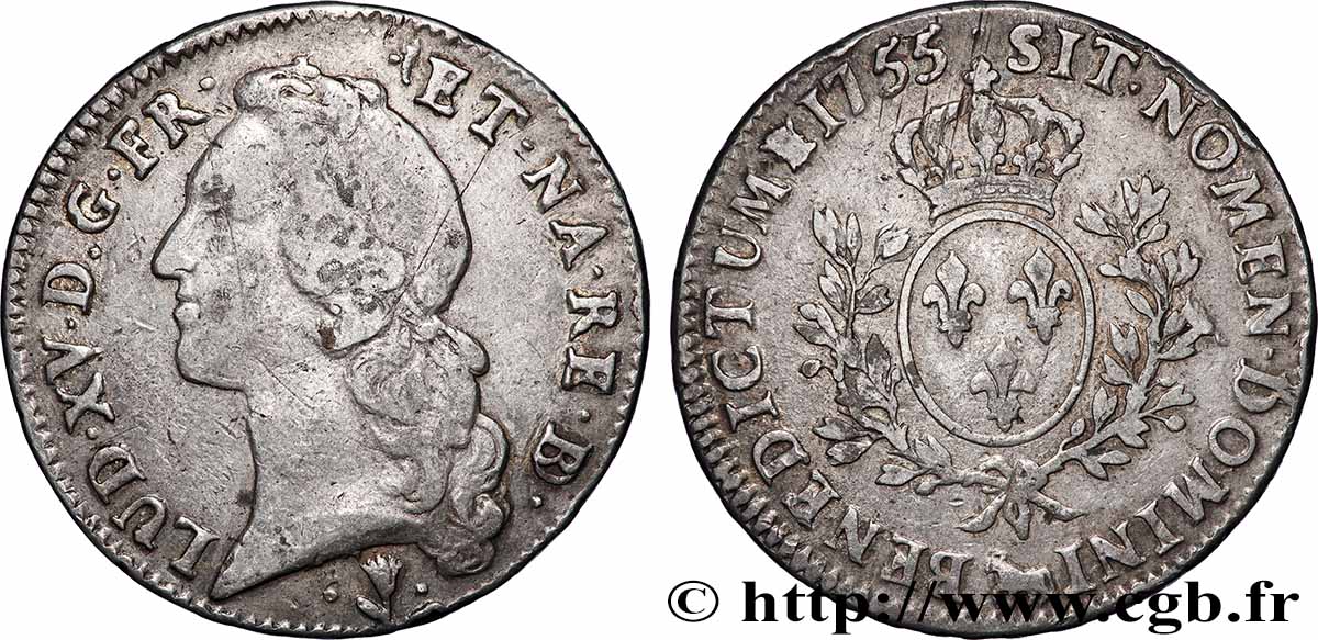 LOUIS XV DIT LE BIEN AIMÉ Écu aux branches d’olivier, tête ceinte d’un bandeau 1755 Pau TB+