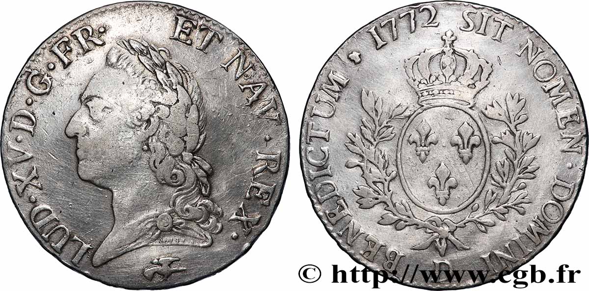 LOUIS XV DIT LE BIEN AIMÉ Écu aux branches d’olivier, buste lauré 1772 Lyon TB+
