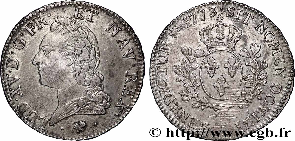 LOUIS XV DIT LE BIEN AIMÉ Écu aux branches d’olivier, buste lauré 1773 Bayonne TTB+