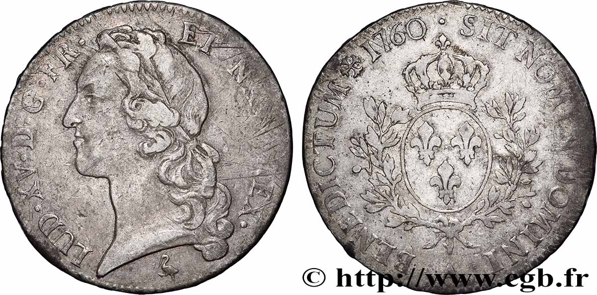 LOUIS XV DIT LE BIEN AIMÉ Écu aux branches d’olivier, tête ceinte d’un bandeau 1760 Paris TTB/TB+