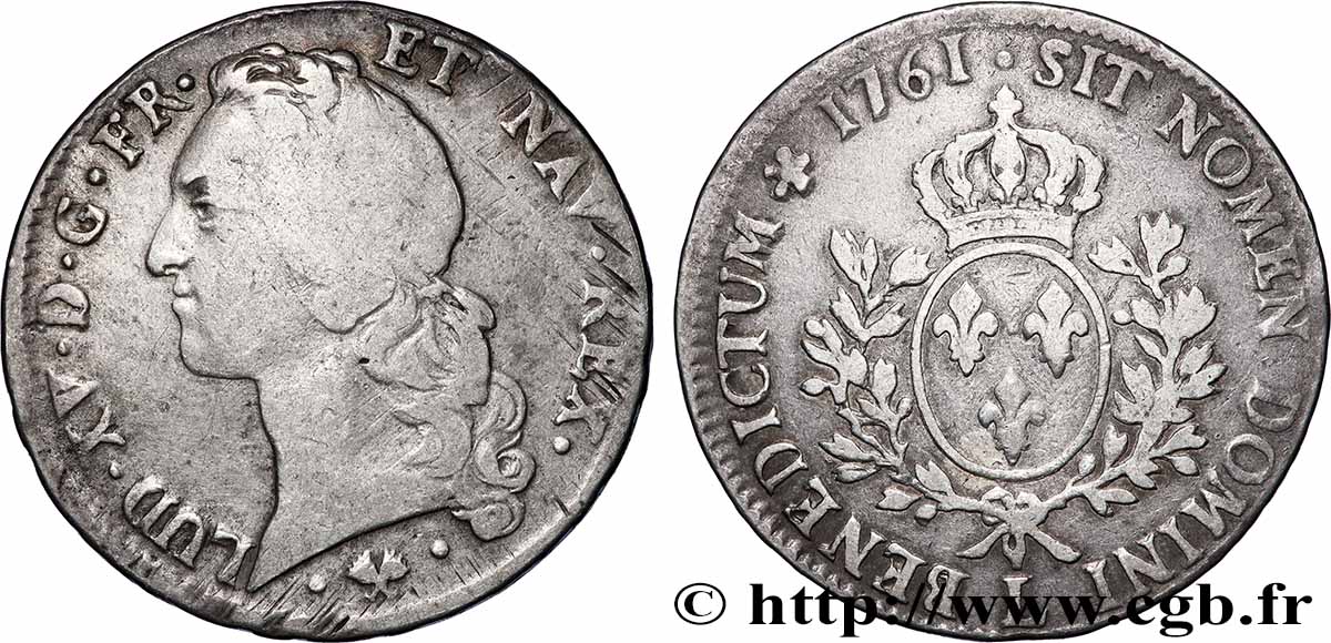 LOUIS XV DIT LE BIEN AIMÉ Écu aux branches d’olivier, tête ceinte d’un bandeau 1761 Bayonne TB