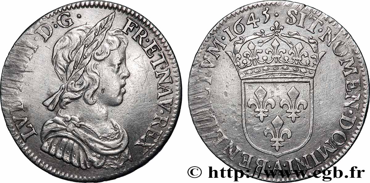 LOUIS XIV &nbsp;THE SUN KING&nbsp; Quart d&nbsp;écu, portrait à la mèche courte 1645 Paris, Monnaie du Louvre AU