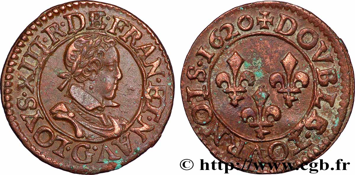 LOUIS XIII LE JUSTE Double tournois, type 2 de Poitiers 1620 Poitiers SUP/TTB+