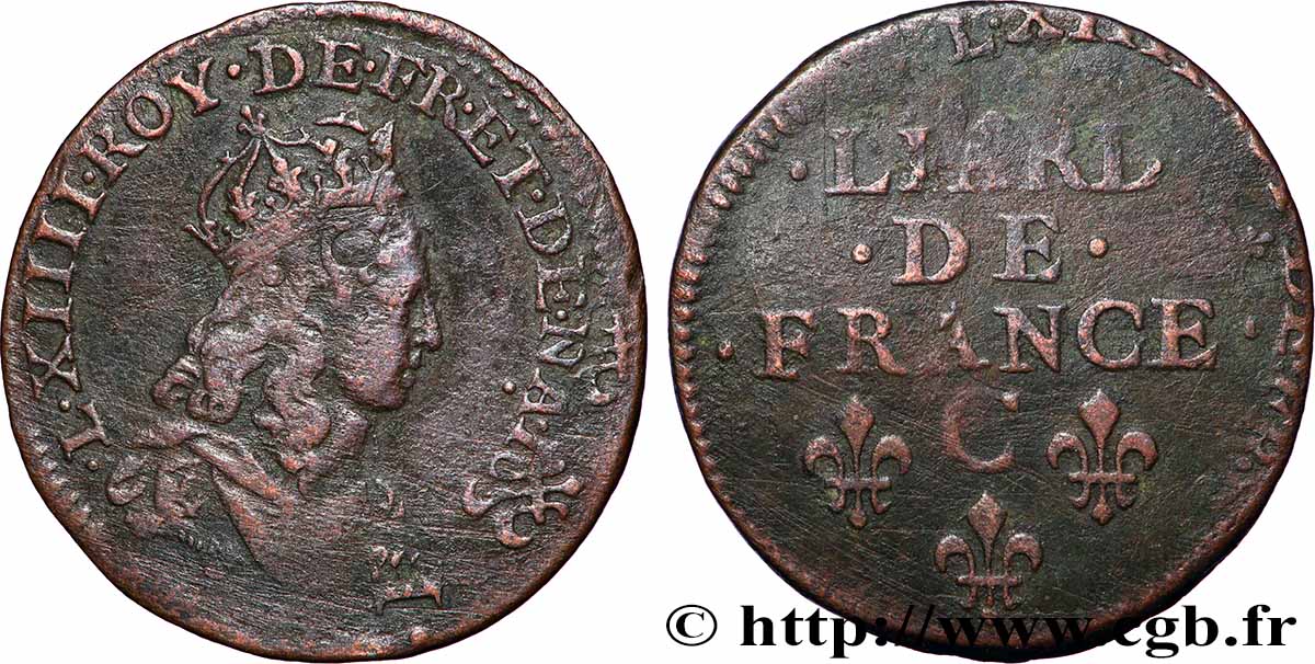 LOUIS XIV LE GRAND OU LE ROI SOLEIL Liard de cuivre, 2e type s.m. Caen TB+