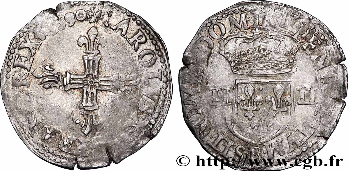CHARLES X, CARDINAL DE BOURBON Quart d&nbsp;écu, croix de face 1590 Rouen TB+