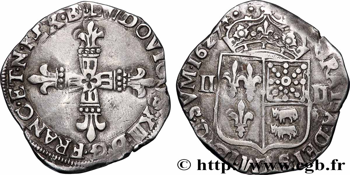 LOUIS XIII LE JUSTE Quart d&nbsp;écu de Béarn 1627  Morlaàs ou Pau TTB
