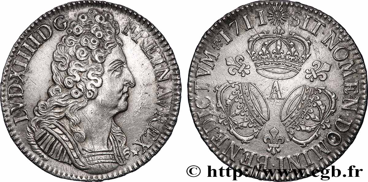 LOUIS XIV LE GRAND OU LE ROI SOLEIL Écu aux trois couronnes 1711 Paris SUP/TTB+