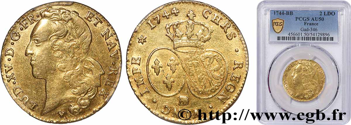 LOUIS XV &nbsp;THE WELL-BELOVED&nbsp; Double louis d’or aux écus ovales, tête ceinte d’un bandeau 1744 Strasbourg MBC50