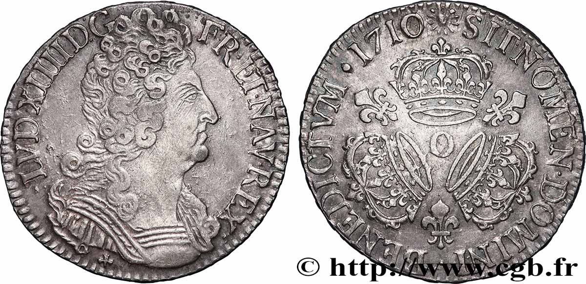 LOUIS XIV LE GRAND OU LE ROI SOLEIL Demi-écu aux trois couronnes 1710 Riom TTB