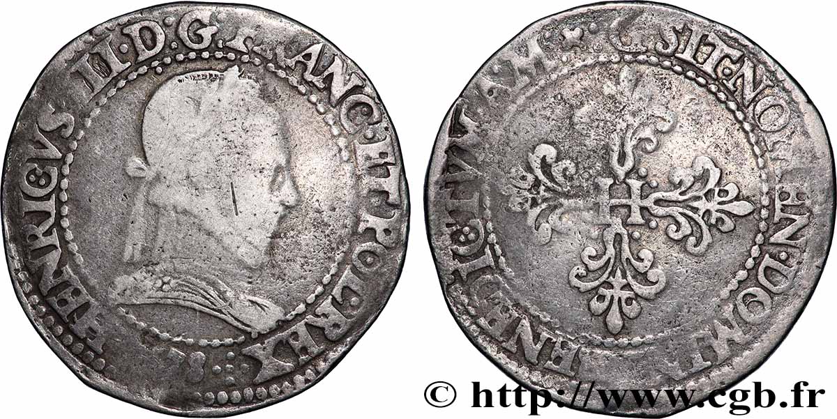 HENRI III Franc au col plat 1578 Lyon TB+/TTB
