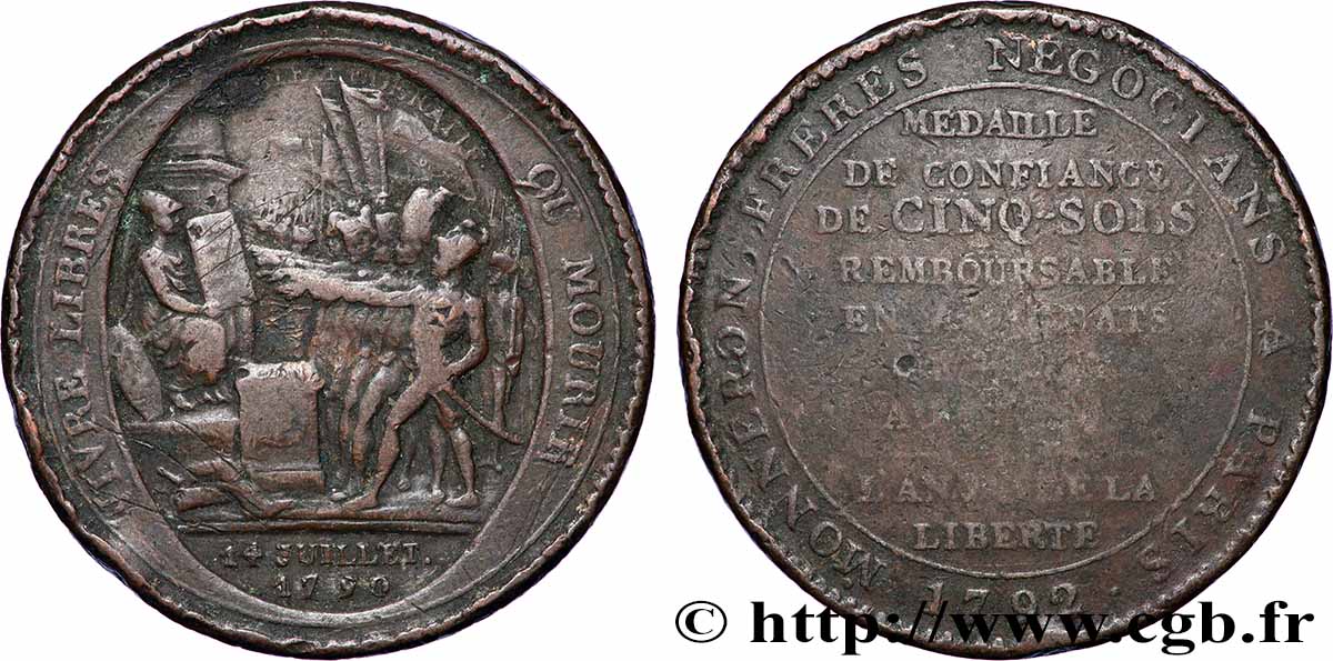 CONFIANCE (MONNAIES DE...) Monneron de 5 sols au serment (An IV), 3e type 1792 Birmingham, Soho TB