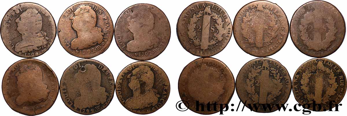 LOUIS XVI (MONARQUE CONSTITUTIONNEL)  2 sols dit &nbsp;au faisceau&nbsp;, types divers, lot de 6 ex. n.d. Ateliers divers Lot