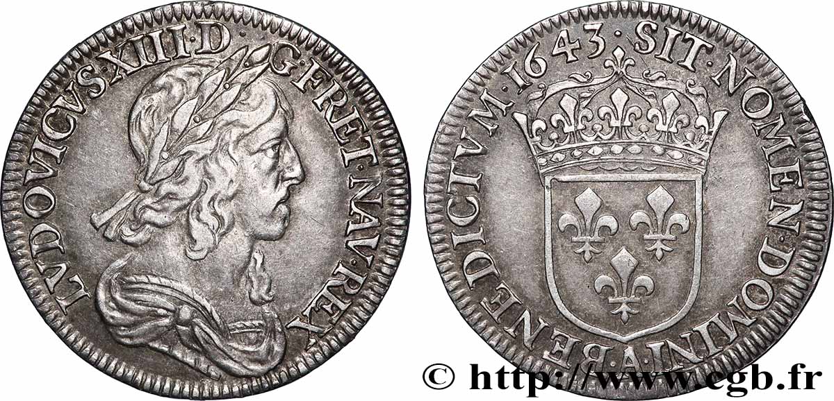 LOUIS XIII LE JUSTE Quart d&nbsp;écu, buste drapé et cuirassé (2e buste de Jean Warin) 1643 Paris, Monnaie du Louvre TTB+/SUP